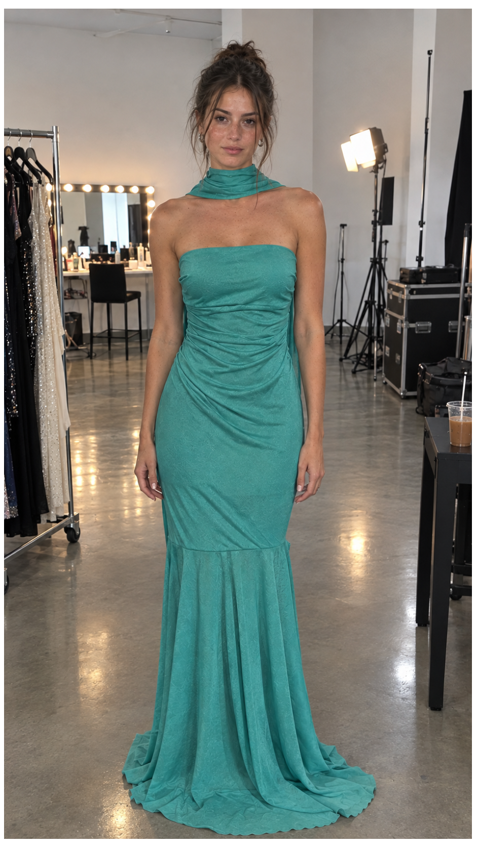 Vestido Strapless con transparencia y Lazo de Gasa Cian