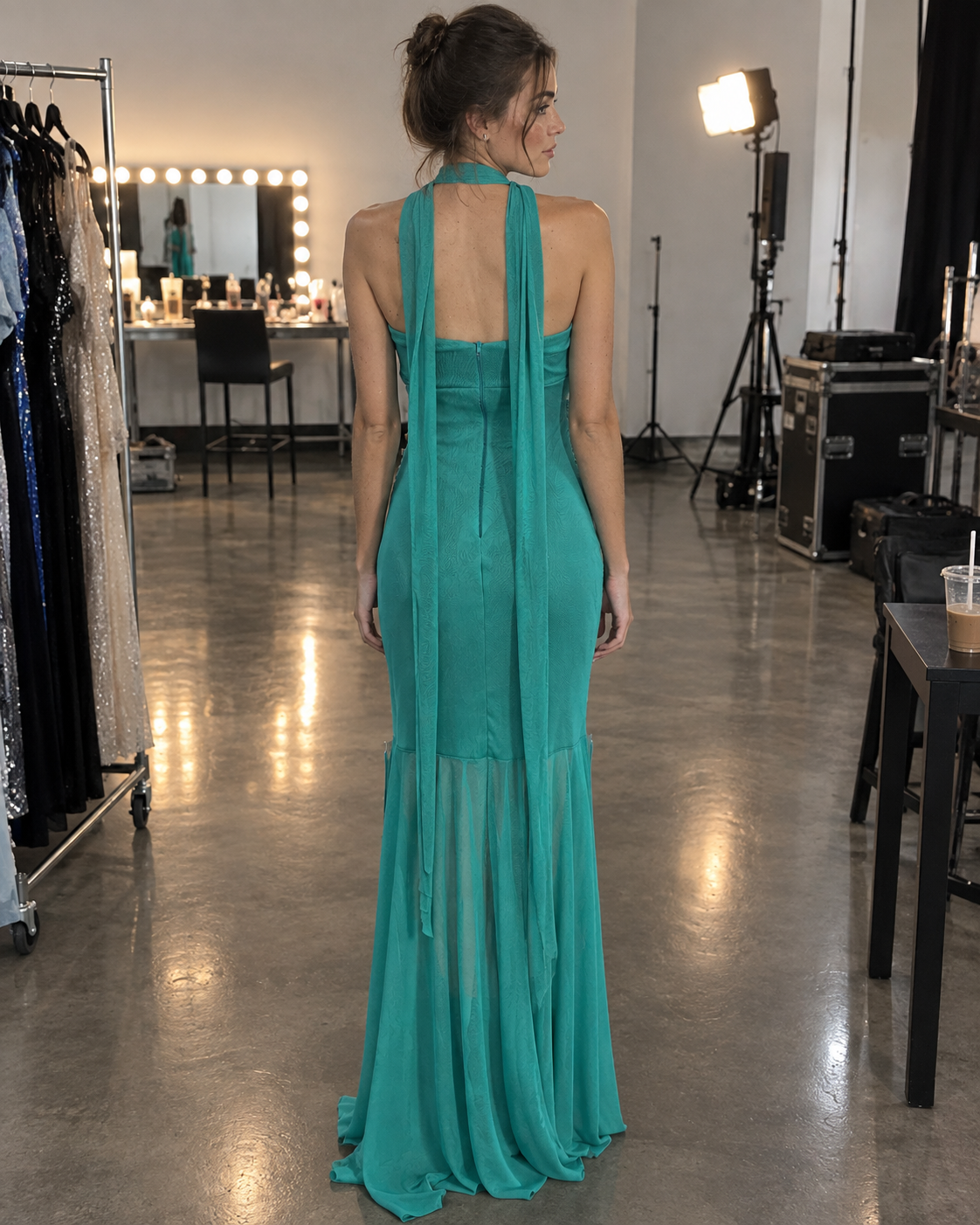 Vestido Strapless con transparencia y Lazo de Gasa Cian