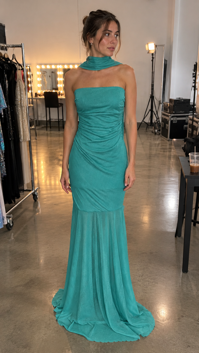 Vestido Strapless con transparencia y Lazo de Gasa Cian